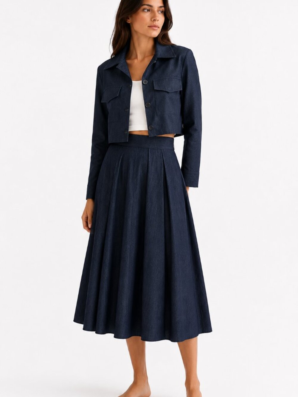 NWT VIA BOVIO DARK WASH DENIM HIGH RISE PLEATED A-LINE MIDI SKIRT - S